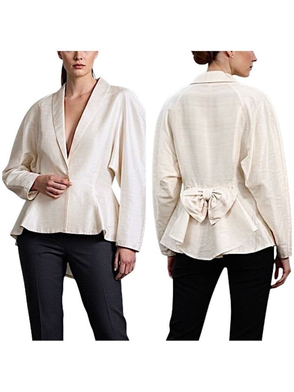 Vtg 80s Raw Silk Made in England Batwing Peplum Hi-Low Ruffle Power Blazer 12